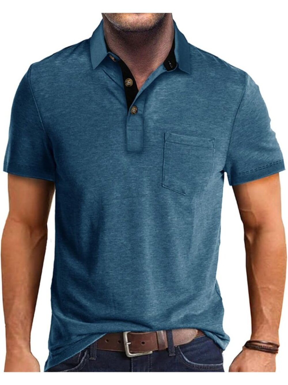 Men's Dark Blue-ss Casual Long Sleeve Polo Shirts Classic Button Cotton Stylish